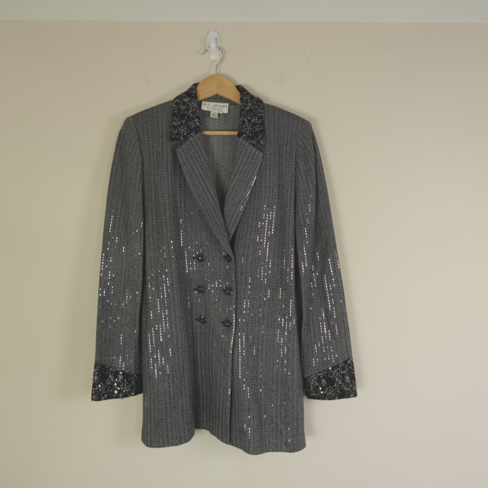 St John Evening Santana Knit Jacket‎ Paillettes Long Double Breasted